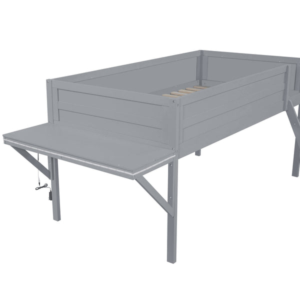 English Elm Wood Twin Gaming Loft Bed with Desk, LED Lighting & Storage Shelves—Sturdy Pine Build for Kids (98) N709P236479E