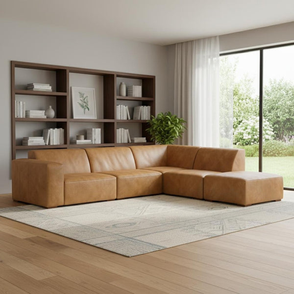 HomeRoots 116" Sienna Leather Sofa with Ottoman - Luxurious Comfort, Modern Design, and Stylish Brown Legs 641076