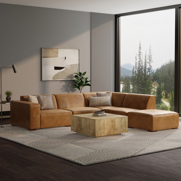 HomeRoots 116" Sienna Leather Sofa with Ottoman - Luxurious Comfort, Modern Design, and Stylish Brown Legs 641076