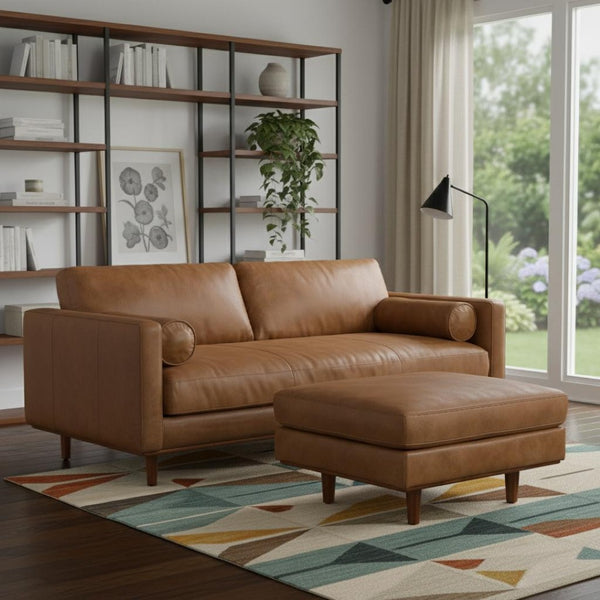 HomeRoots 89" Brown Leather Sofa Set with Ottoman – Luxurious Mid-Century Design for Comfort & Style in Living Rooms 641077