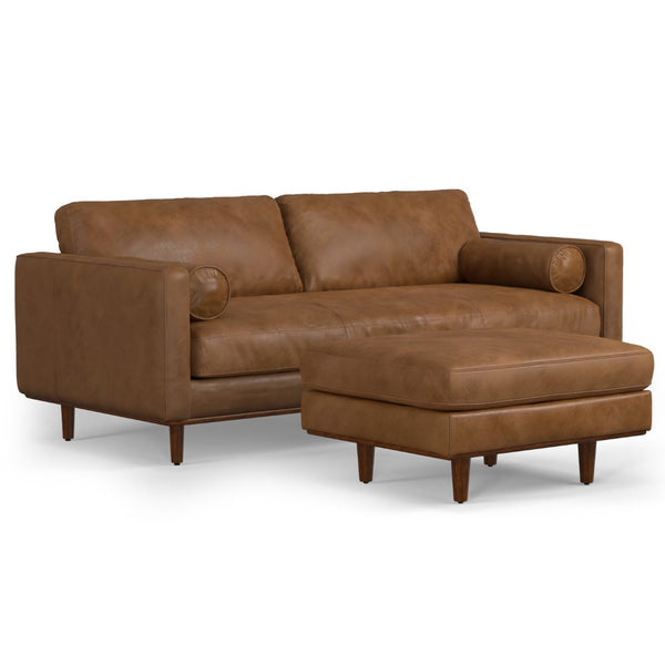 HomeRoots 89" Brown Leather Sofa Set with Ottoman – Luxurious Mid-Century Design for Comfort & Style in Living Rooms 641077
