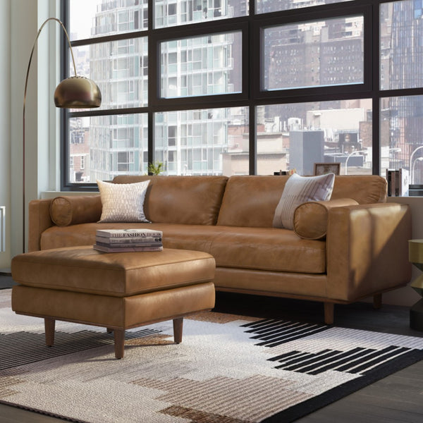 HomeRoots 89" Brown Leather Sofa Set with Ottoman – Luxurious Mid-Century Design for Comfort & Style in Living Rooms 641077