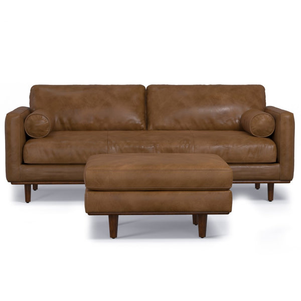 HomeRoots 89" Brown Leather Sofa Set with Ottoman – Luxurious Mid-Century Design for Comfort & Style in Living Rooms 641077