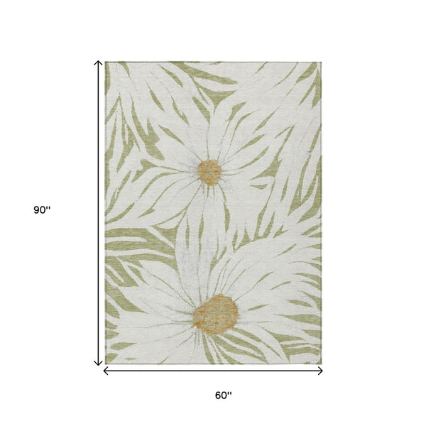 HomeRoots 5' X 8' Elegant Floral Artichoke Green Indoor Outdoor Rug – Machine Washable, Stain Resistant Design 641079