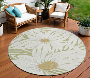HomeRoots 8' Artichoke Green Floral Indoor Outdoor Round Rug - Washable, Durable, Stylish for High-Traffic Spaces 641080