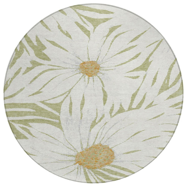 HomeRoots 8' Artichoke Green Floral Indoor Outdoor Round Rug - Washable, Durable, Stylish for High-Traffic Spaces 641080