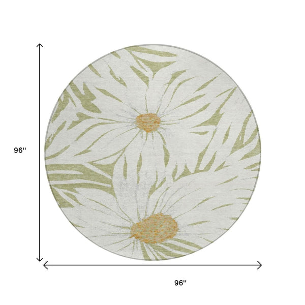 HomeRoots 8' Artichoke Green Floral Indoor Outdoor Round Rug - Washable, Durable, Stylish for High-Traffic Spaces 641080