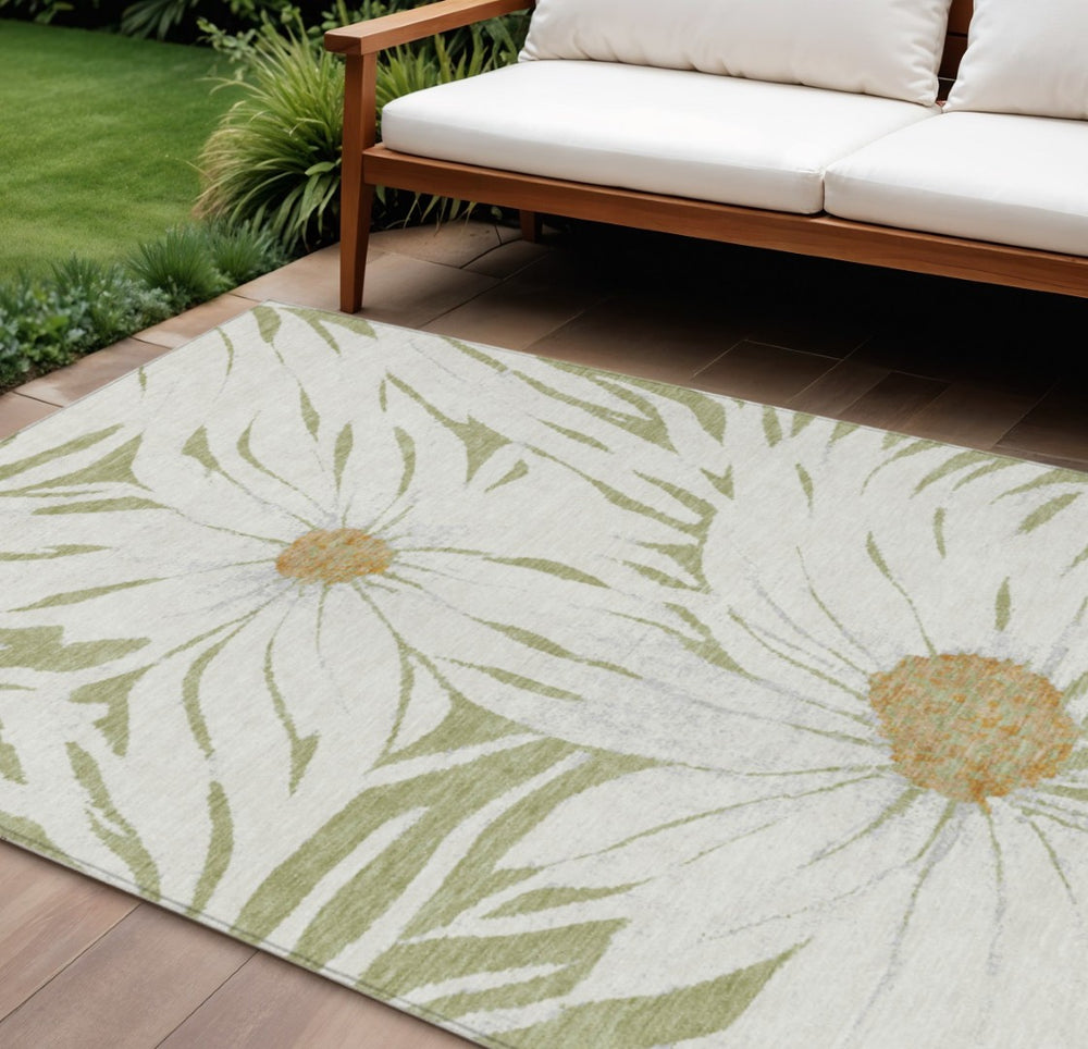 HomeRoots 10' Artichoke Green Floral Area Rug - Elegant Washable Indoor/Outdoor Design, Stain-Resistant & Durable 641083