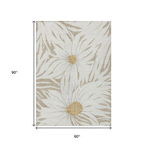 HomeRoots 5' Elegant Beige Ivory Gold Floral Area Rug - Durable, Washable Indoor/Outdoor Design for Every Space 641085