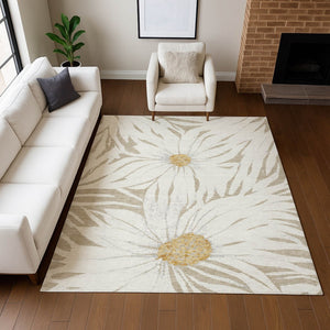 HomeRoots 5' Elegant Beige Ivory Gold Floral Area Rug - Durable, Washable Indoor/Outdoor Design for Every Space 641085