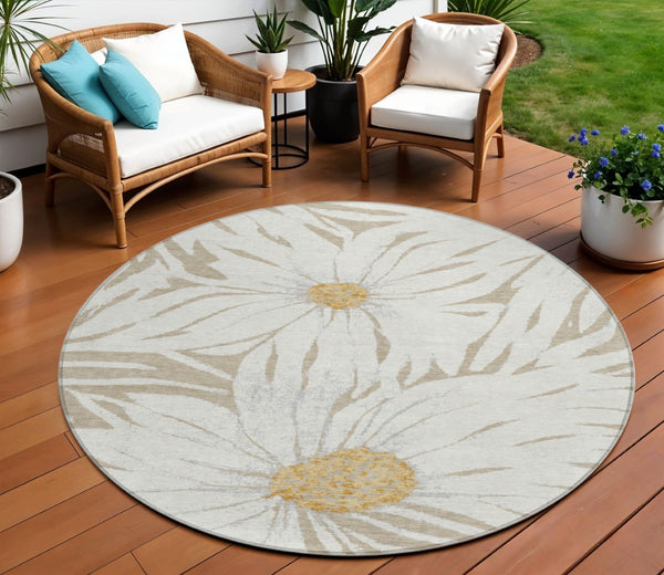 HomeRoots 8' Elegant Beige Ivory and Gold Round Floral Area Rug - Washable for Indoor/Outdoor Versatility 641086