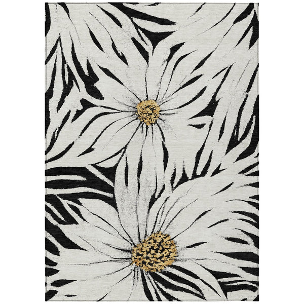 HomeRoots 5' Timeless Black Ivory and Gold Floral Washable Area Rug for Indoor/Outdoor Elegance & Durability 641091