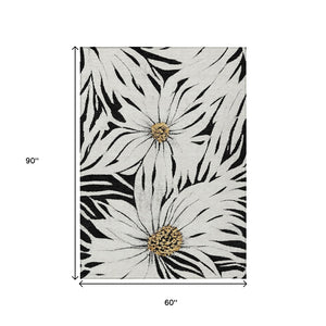 HomeRoots 5' Timeless Black Ivory and Gold Floral Washable Area Rug for Indoor/Outdoor Elegance & Durability 641091