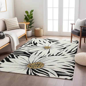 HomeRoots 5' Timeless Black Ivory and Gold Floral Washable Area Rug for Indoor/Outdoor Elegance & Durability 641091