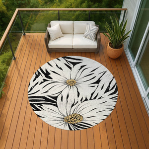 HomeRoots 8' Bold Black Ivory Gold Round Floral Area Rug – Washable, Durable, Perfect for Indoor & Outdoor Use! 641092