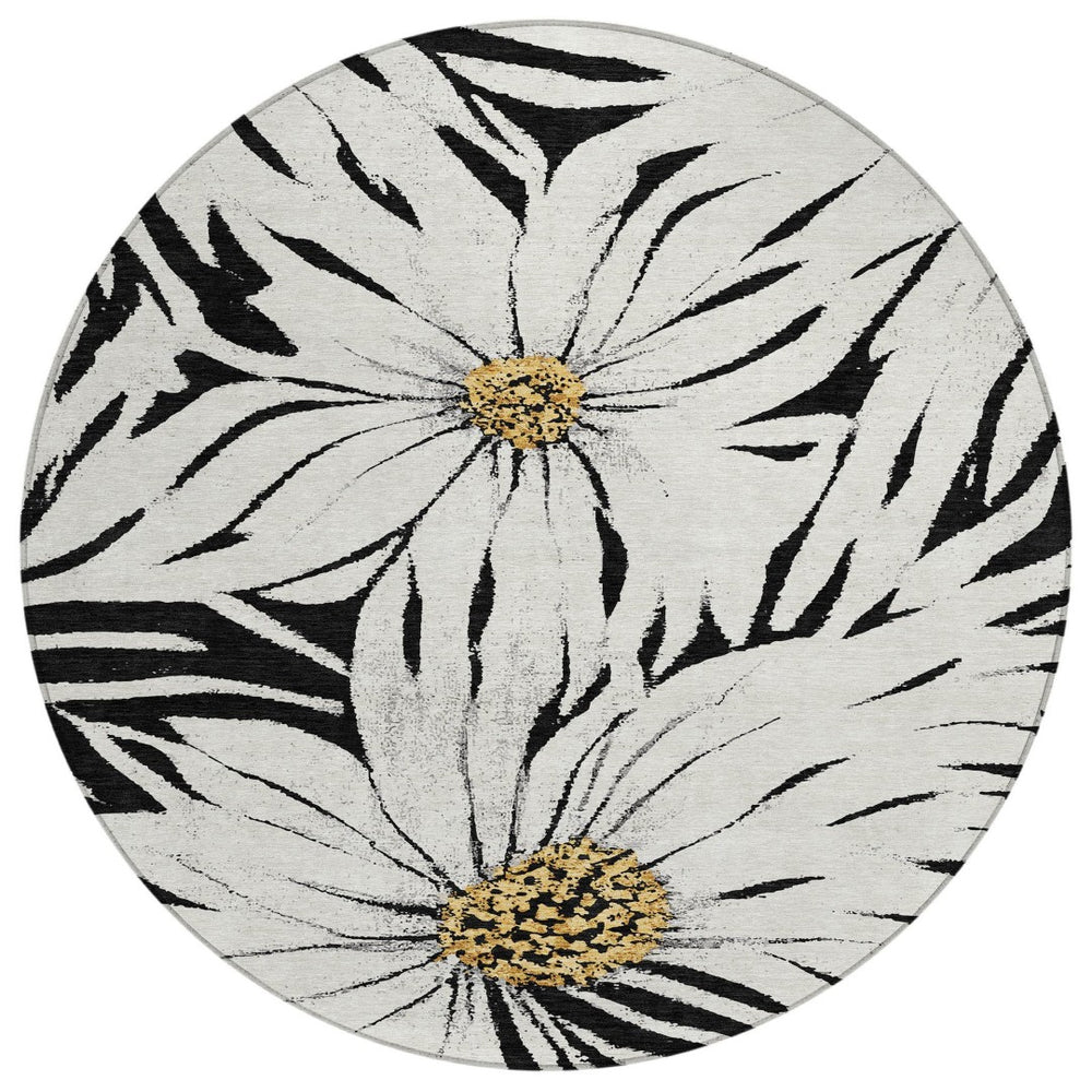 HomeRoots 8' Bold Black Ivory Gold Round Floral Area Rug – Washable, Durable, Perfect for Indoor & Outdoor Use! 641092