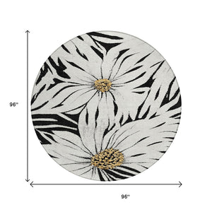 HomeRoots 8' Bold Black Ivory Gold Round Floral Area Rug – Washable, Durable, Perfect for Indoor & Outdoor Use! 641092