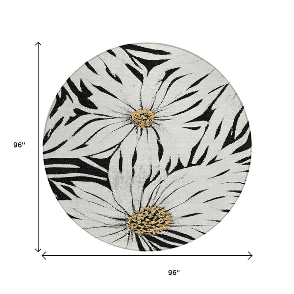 HomeRoots 8' Bold Black Ivory Gold Round Floral Area Rug – Washable, Durable, Perfect for Indoor & Outdoor Use! 641092