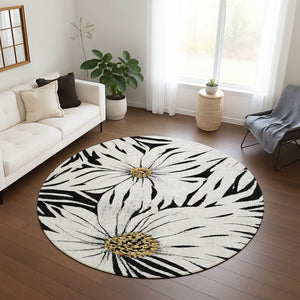HomeRoots 8' Bold Black Ivory Gold Round Floral Area Rug – Washable, Durable, Perfect for Indoor & Outdoor Use! 641092