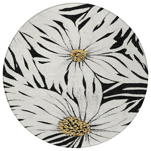 HomeRoots 8' Bold Black Ivory Gold Round Floral Area Rug – Washable, Durable, Perfect for Indoor & Outdoor Use! 641092