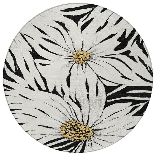 HomeRoots 8' Bold Black Ivory Gold Round Floral Area Rug – Washable, Durable, Perfect for Indoor & Outdoor Use! 641092