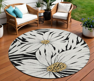 HomeRoots 8' Bold Black Ivory Gold Round Floral Area Rug – Washable, Durable, Perfect for Indoor & Outdoor Use! 641092
