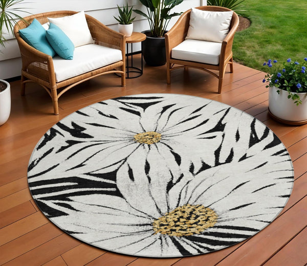 HomeRoots 8' Bold Black Ivory Gold Round Floral Area Rug – Washable, Durable, Perfect for Indoor & Outdoor Use! 641092
