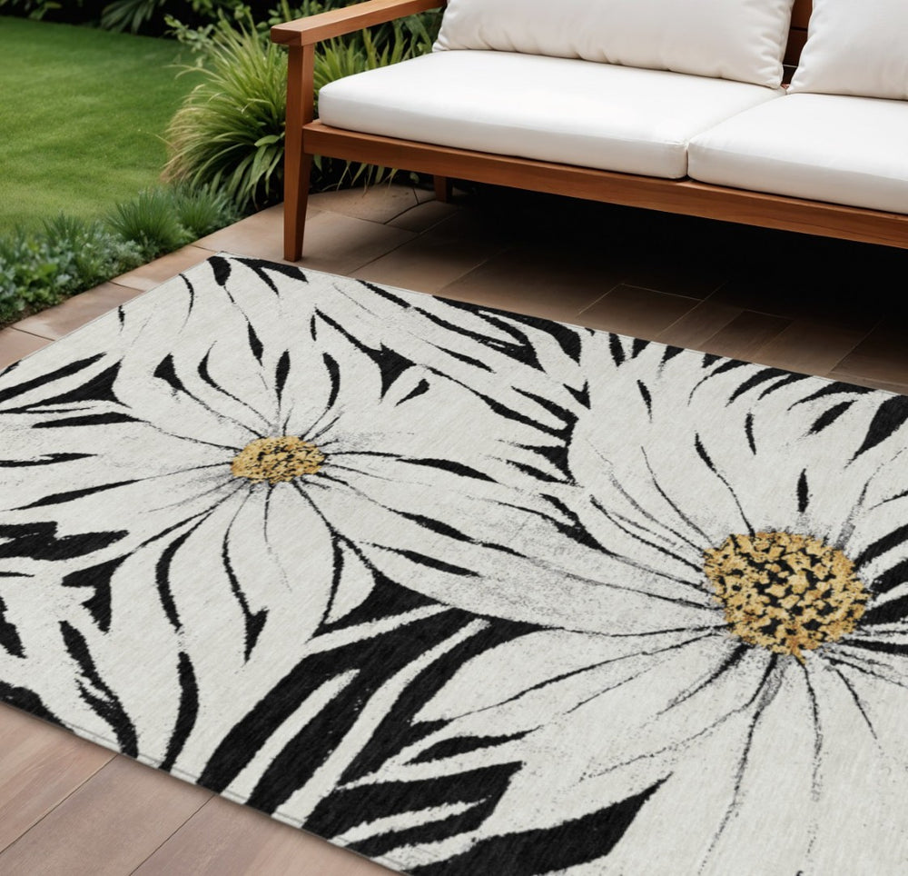 HomeRoots 10' Elegant Black, Ivory & Gold Floral Washable Area Rug – Durable Indoor/Outdoor Design for All Spaces 641095