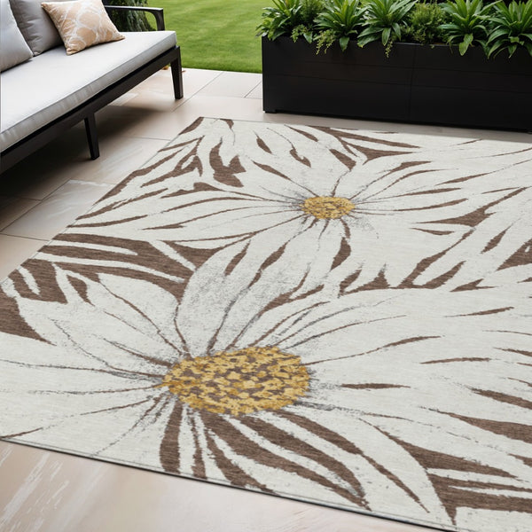 HomeRoots 5' X 8' Brown, Ivory & Gold Floral Rug – Washable, Durable for Indoor/Outdoor Use, Pet & Kid Friendly! 641097