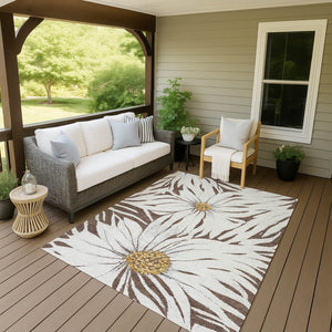 HomeRoots 5' X 8' Brown, Ivory & Gold Floral Rug – Washable, Durable for Indoor/Outdoor Use, Pet & Kid Friendly! 641097
