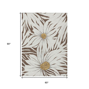 HomeRoots 5' X 8' Brown, Ivory & Gold Floral Rug – Washable, Durable for Indoor/Outdoor Use, Pet & Kid Friendly! 641097