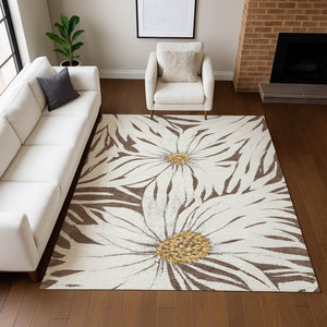 HomeRoots 5' X 8' Brown, Ivory & Gold Floral Rug – Washable, Durable for Indoor/Outdoor Use, Pet & Kid Friendly! 641097