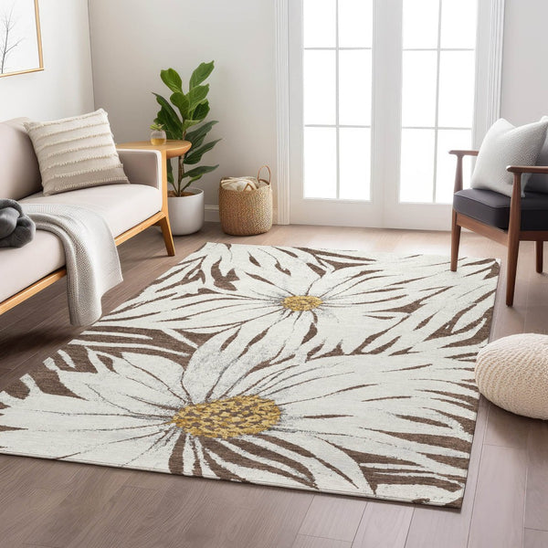 HomeRoots 5' X 8' Brown, Ivory & Gold Floral Rug – Washable, Durable for Indoor/Outdoor Use, Pet & Kid Friendly! 641097
