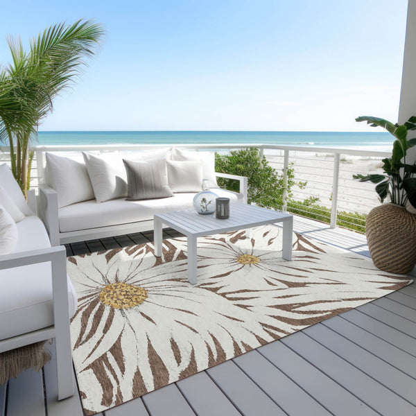 HomeRoots 5' X 8' Brown, Ivory & Gold Floral Rug – Washable, Durable for Indoor/Outdoor Use, Pet & Kid Friendly! 641097