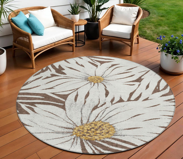 HomeRoots 8' Brown Ivory and Gold Floral Round Rug - Washable Indoor Outdoor Area Rug for Stylish Spaces 641098