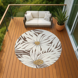 HomeRoots 8' Brown Ivory and Gold Floral Round Rug - Washable Indoor Outdoor Area Rug for Stylish Spaces 641098