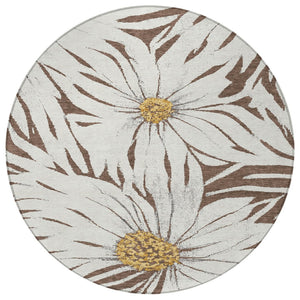 HomeRoots 8' Brown Ivory and Gold Floral Round Rug - Washable Indoor Outdoor Area Rug for Stylish Spaces 641098