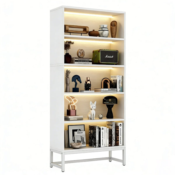 English Elm Tall Five Tier Bookcase with Led Shelf Lighting White Mdf Frame Living Room Display W3204P454083
