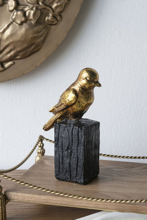 English Elm 4.5X2.5X7.5" Gold Resin Songbird Sculpture On Black Branch - Elegant Accent For Modern Interiors W2078P406941