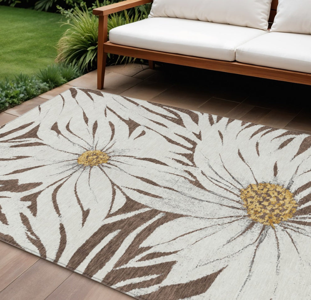 HomeRoots 10' Durable Floral Area Rug in Brown Ivory & Gold – Washable, Perfect for Indoor & Outdoor Use! 641101