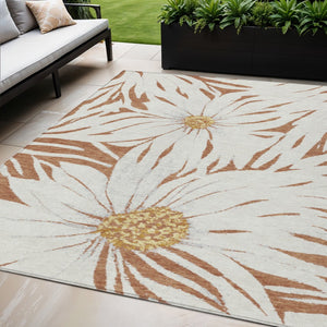 HomeRoots 5' Elegant Copper Ivory Gold Floral Washable Area Rug for Indoor & Outdoor High-Traffic Spaces 641103