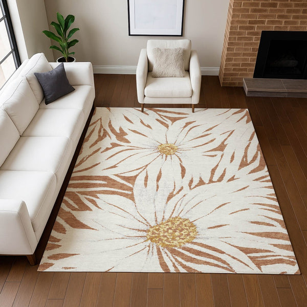 HomeRoots 5' Elegant Copper Ivory Gold Floral Washable Area Rug for Indoor & Outdoor High-Traffic Spaces 641103
