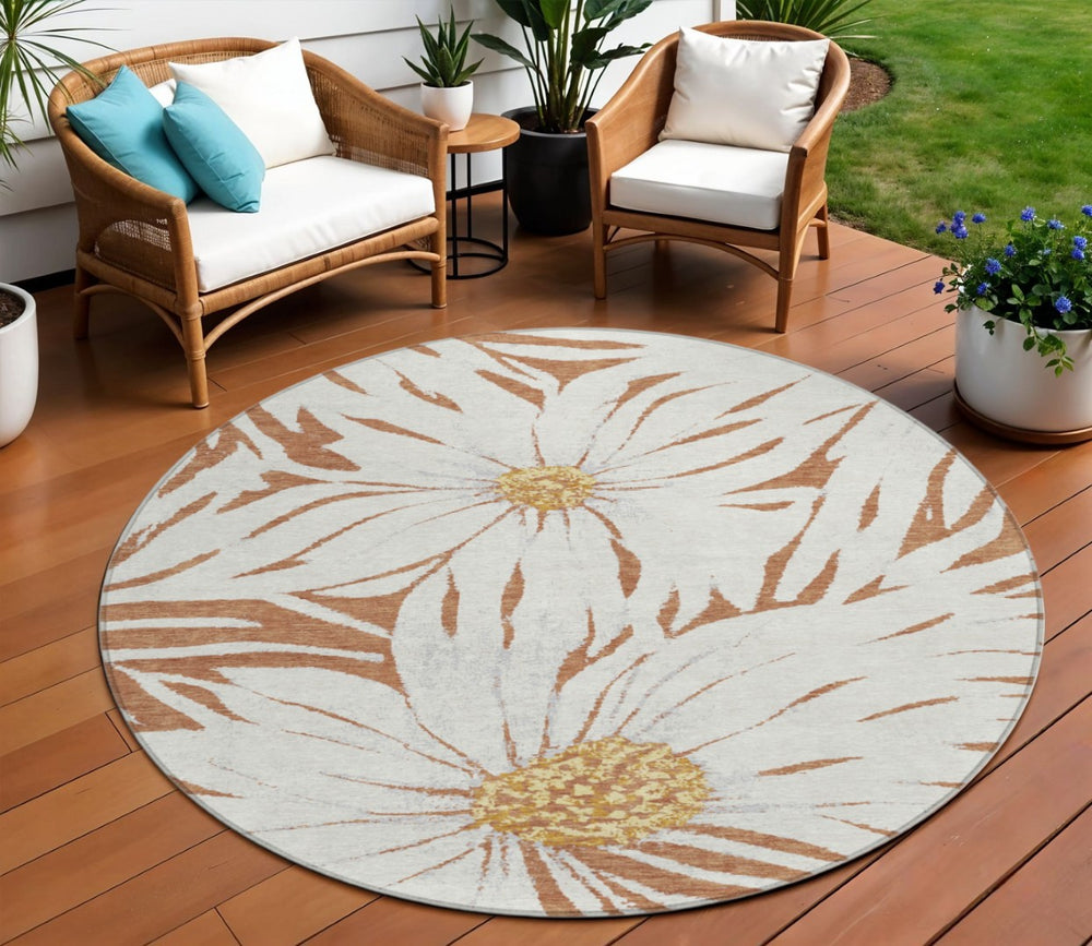 HomeRoots 8' Copper Ivory & Gold Round Floral Area Rug - Washable, Durable, Indoor/Outdoor Elegance for Any Space 641104