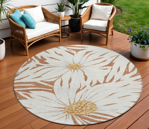 HomeRoots 8' Copper Ivory & Gold Round Floral Area Rug - Washable, Durable, Indoor/Outdoor Elegance for Any Space 641104