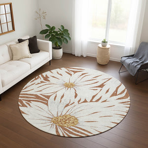 HomeRoots 8' Copper Ivory & Gold Round Floral Area Rug - Washable, Durable, Indoor/Outdoor Elegance for Any Space 641104