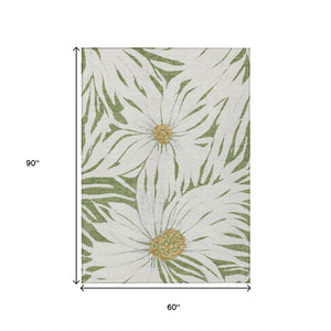 HomeRoots 5' Elegant Green, Ivory & Gold Floral Washable Area Rug – Durable Indoor/Outdoor Charm for Any Space 641109
