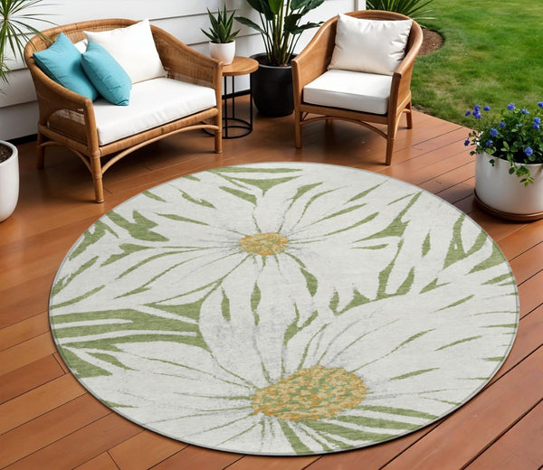 HomeRoots 8' Green Ivory and Gold Round Floral Rug – Durable, Washable Area Rug for Indoor & Outdoor Use! 641110