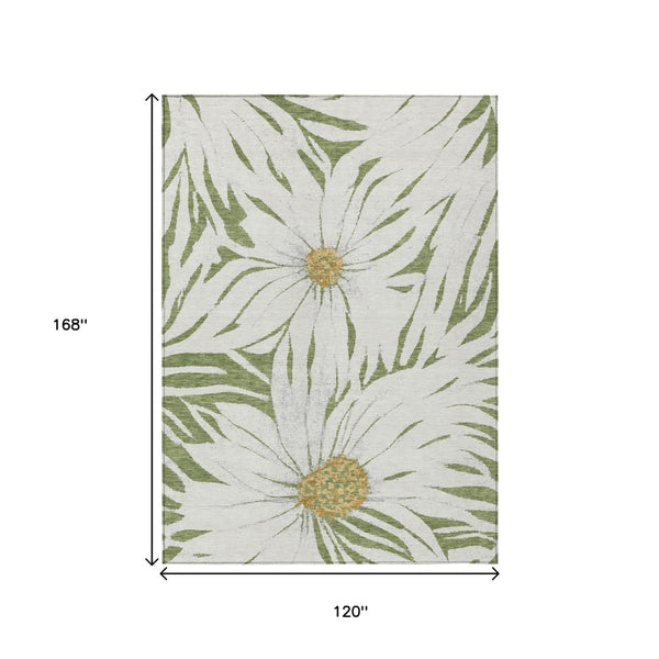 HomeRoots 10' Green Ivory and Gold Floral Indoor Outdoor Area Rug - Washable, Durable, All-Weather Design 641113