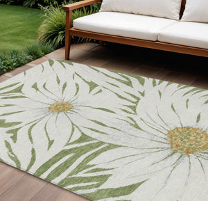 HomeRoots 10' Green Ivory and Gold Floral Indoor Outdoor Area Rug - Washable, Durable, All-Weather Design 641113