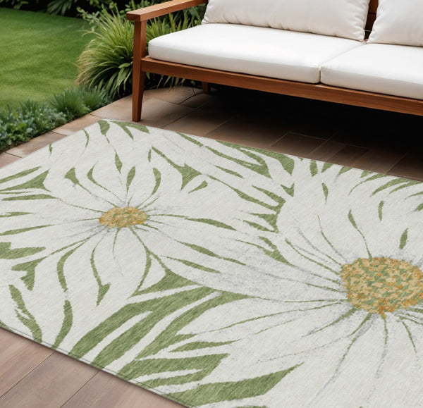 HomeRoots 10' Green Ivory and Gold Floral Indoor Outdoor Area Rug - Washable, Durable, All-Weather Design 641113
